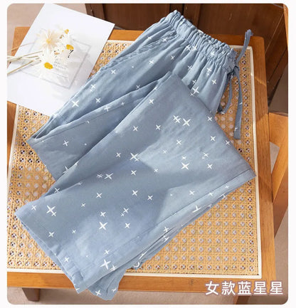 2026 Spring/Summer New Couple Sleeper Pants 100% Cotton Gauze Men's and Women's Casual Loose Home Thin Pants bottoms womens