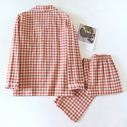 2026 New Japanese Spring and Autumn Couple Pajama Set 100% Cotton Men's and Women's Plaid Long Sleeve Two Piece Home Furnishing