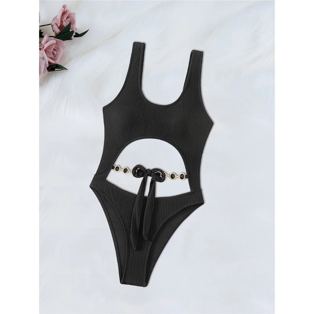 Diamond Rhinestones Tummy Cut Out Women Swimwear One Piece Swimsuit Female Knotted High Leg Cut Bather Bathing Suit Swim V6295