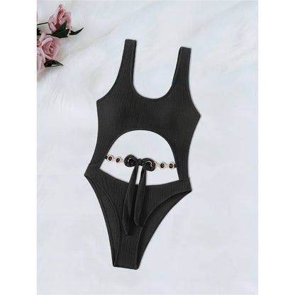 Diamond Rhinestones Tummy Cut Out Women Swimwear One Piece Swimsuit Female Knotted High Leg Cut Bather Bathing Suit Swim V6295