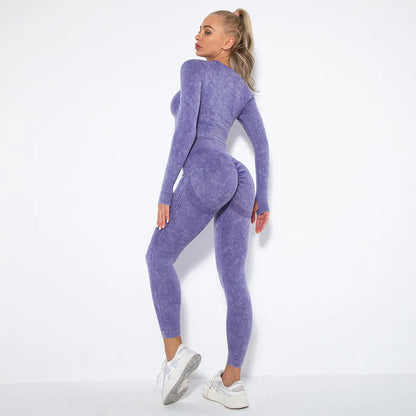 Women Seamless Tracksuit Yoga Set 2PCS Workout Clothes Athletic Wear Gym Legging Fitness Bra Crop Top Long Sleeve Sports Suits