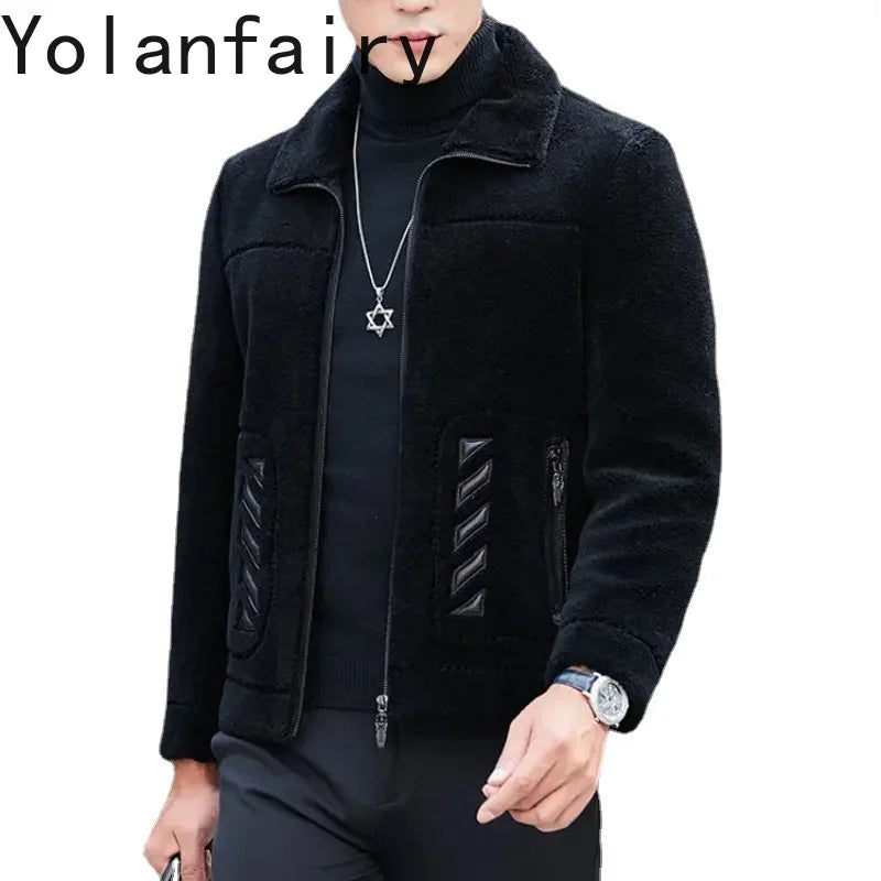 YOLANFAIRY Genuine Leather Men Sheep Sheared Grain Lamb Fur Coat Men Real Woolen Jackets Men's Clothing Mens Fur Jacket Coat