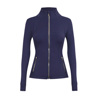 Personalized LOGO custom women's gold zip jacket tight stand-up collar quick-drying fitness running yoga suit 41-color S-3XL top