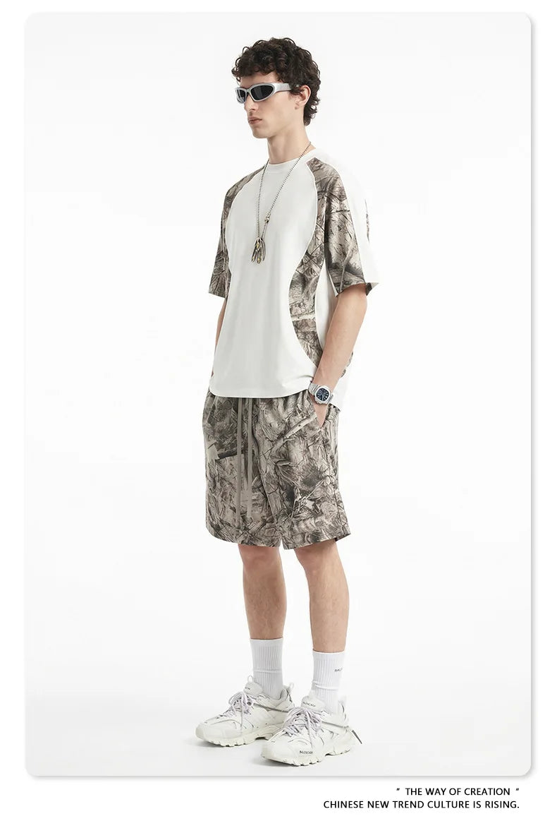 Custom LOGO men's summer camouflage splicing 240G quick-drying cotton polyester short-sleeved T-shirt loose sports shorts set