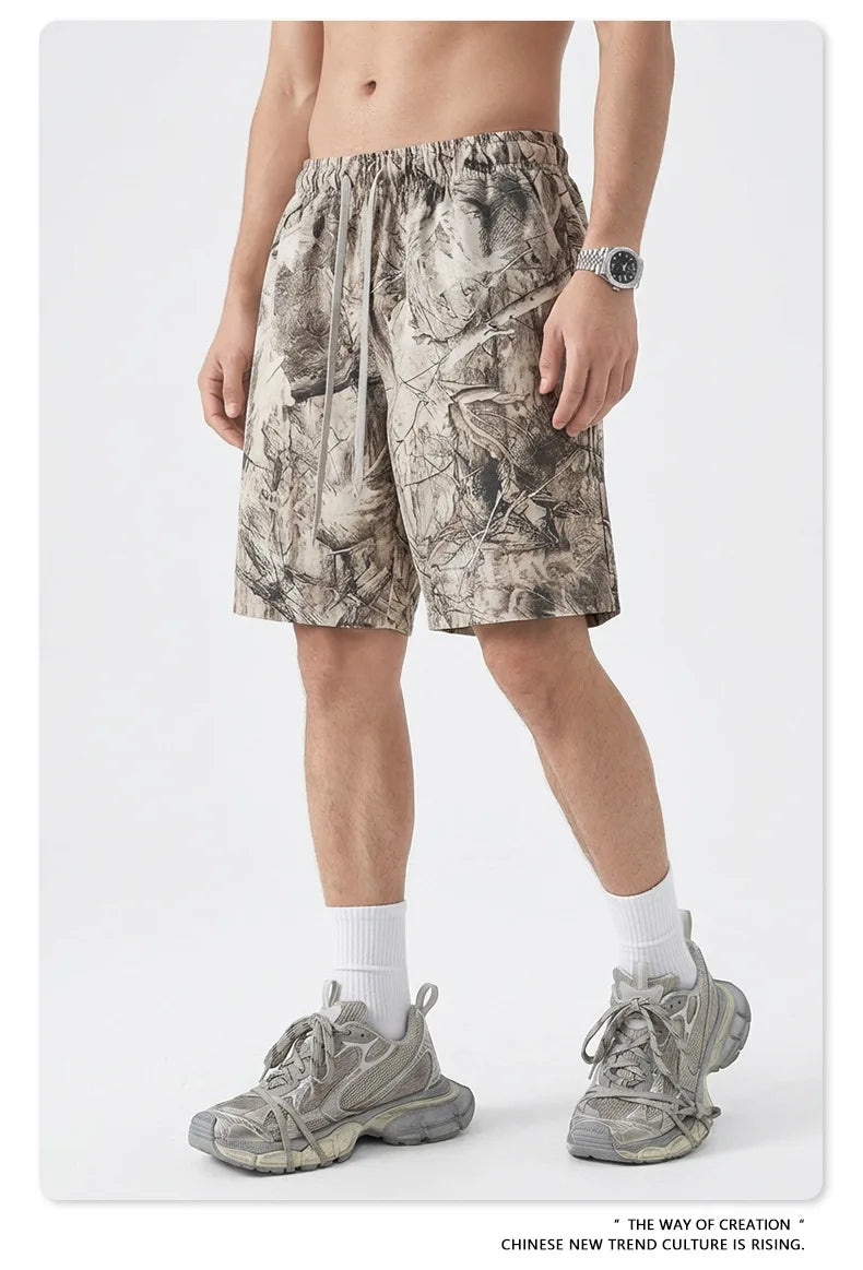 Custom LOGO men's summer camouflage splicing 240G quick-drying cotton polyester short-sleeved T-shirt loose sports shorts set