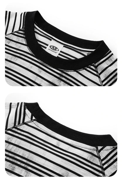Custom LOGO Men's Cotton Polyester 210G Retro Dirty Dyeing Room Strips Shoulder Rugged Couple Long Sleeve Knitted T-Shirt Top