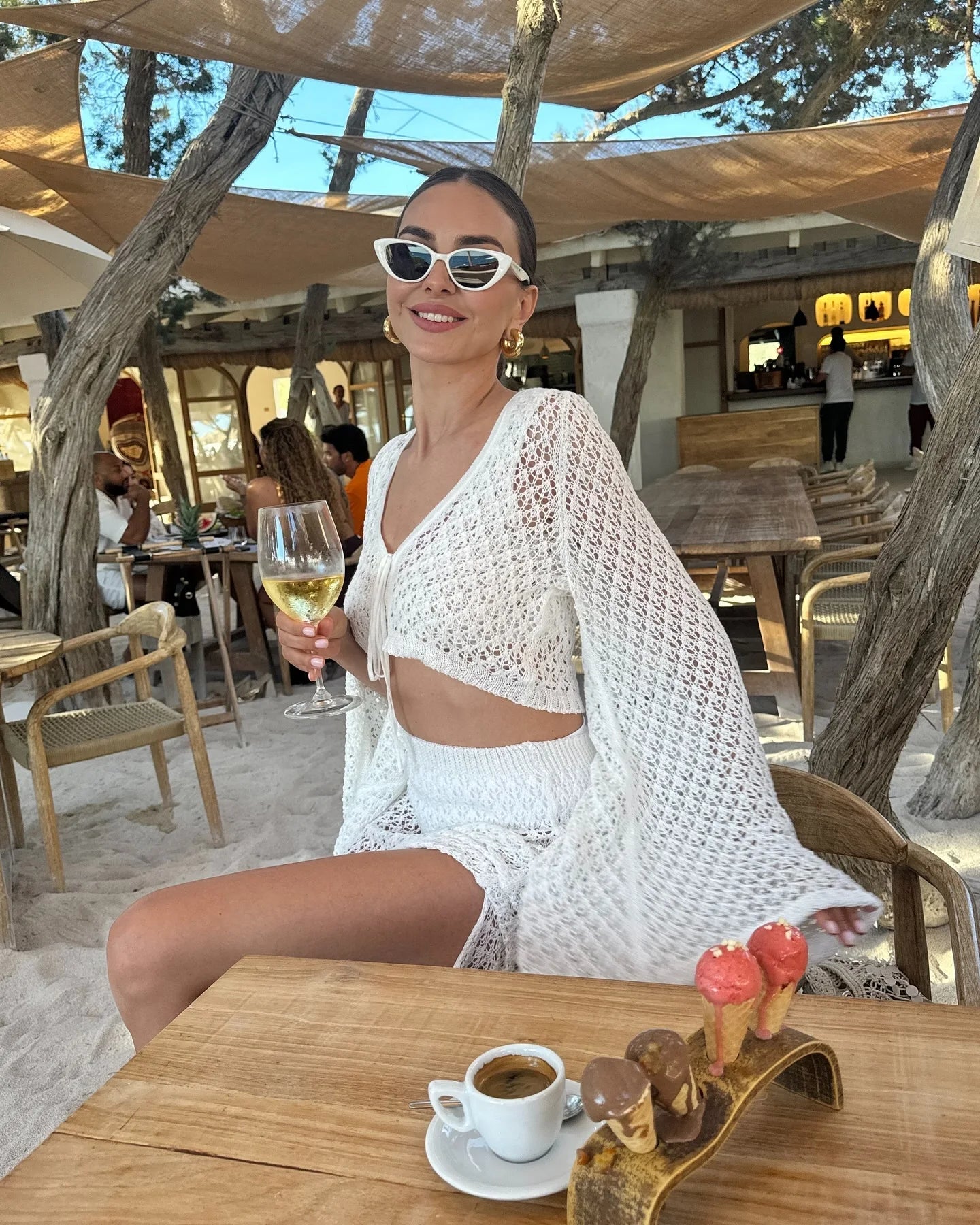Sexy Knit Set White Cut Out Swimsuit Cover Up 2026 Women's Summer Bell Sleeve Lace-up Loose Top Beach Half Skirt Two-piece K136