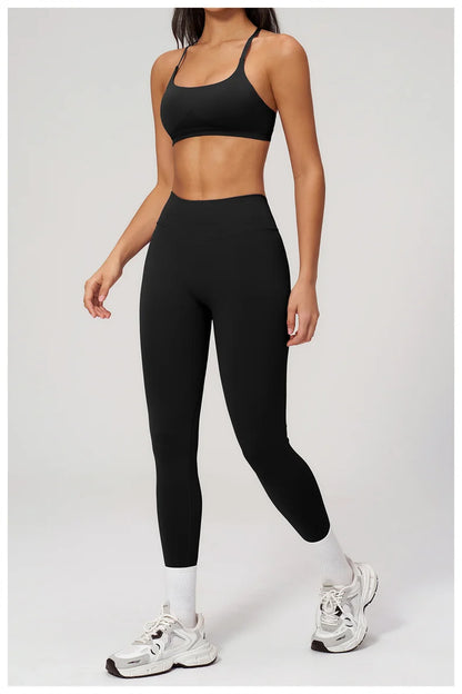 TRY TO BN Women Tracksuit 2 Piece Yoga Set Cross Bra High Waist V Waist Leggings Tummy Control Butt Lifting Workout Running Gym
