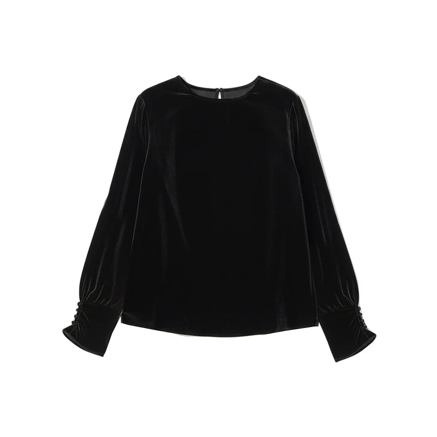 SuyaDream Women Black Blouses, 100%Silk Velour, Round Collar, Elegant Embriodery Velvet Shirts, 2026 Spring Summer Casual Top