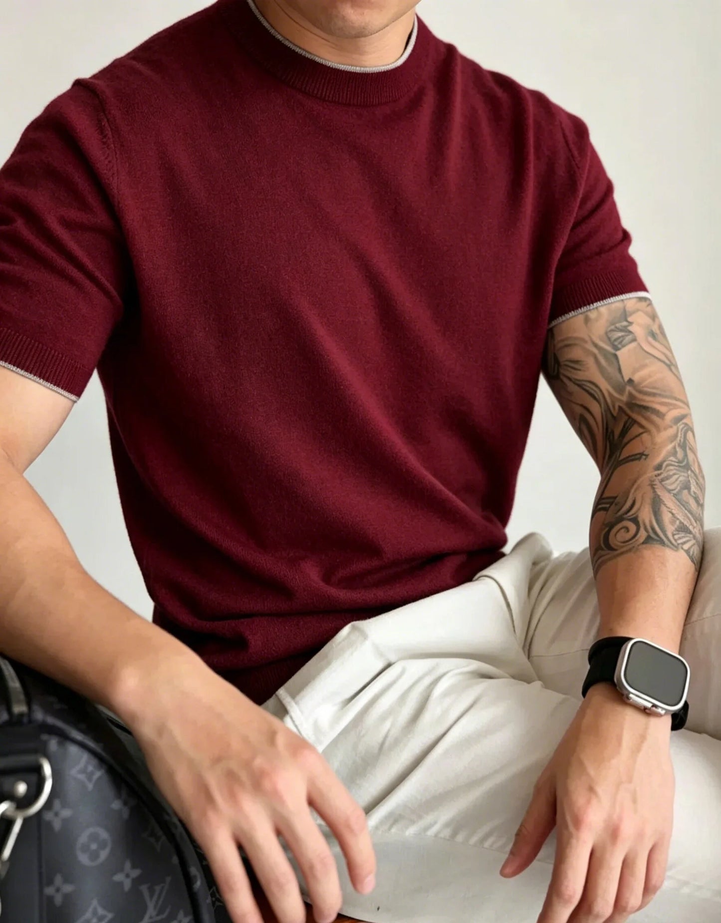 Light Luxury Cashmere Blend Anti Pilling Knitted Short Sleeved Round Neck T-shirt for Men, Retro Casual Business Summer Shirt