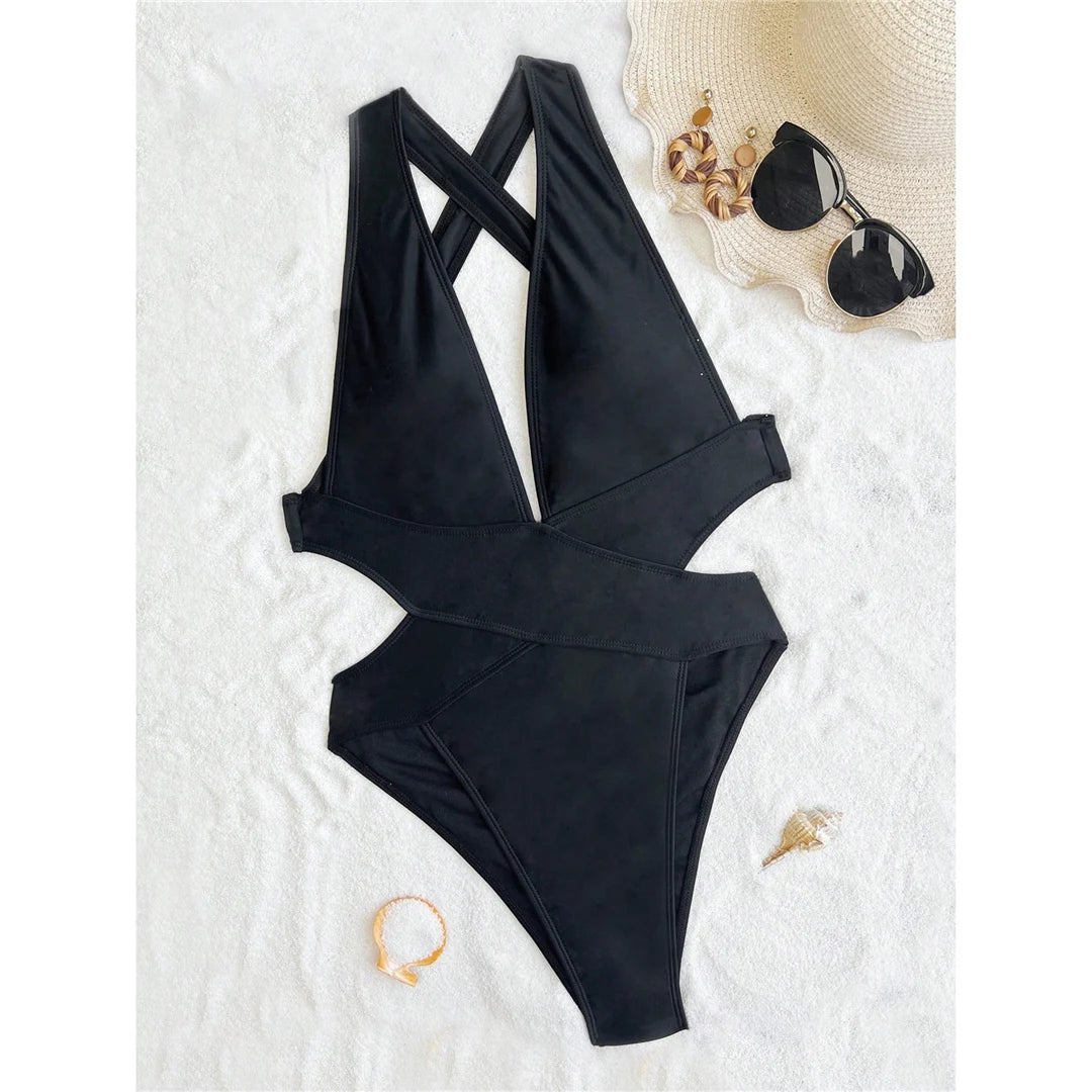 S - XL Deep V Neck Cross Back One Piece Swimsuit Women Swimwear Female High Leg Cut Scrunch Butt Bather Bathing Suit Swim V5723