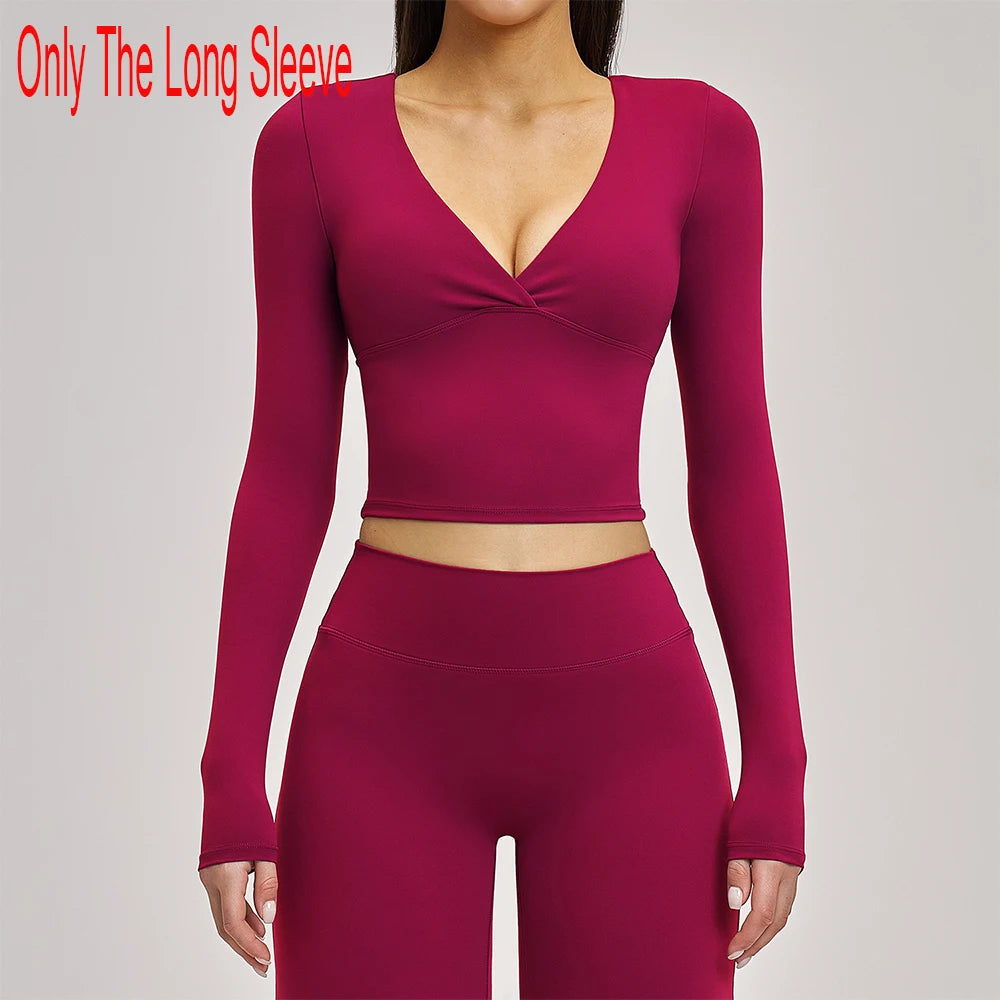Deep-V Yoga Long Sleeve Solid Sports T-shirts Women's Gym Workout Shirts Sexy Quick Dry Fitness Long Sleeve Female Yoga Shirts