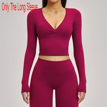 Deep-V Yoga Long Sleeve Solid Sports T-shirts Women's Gym Workout Shirts Sexy Quick Dry Fitness Long Sleeve Female Yoga Shirts