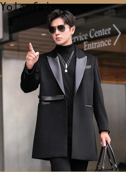 YOLANFAIRY 2025 Autumn Genuine Sheepskin Patchwork Wool Coat Man Clothing Men's Mid-length Suit Windbreaker Trendy Woolen Jacket