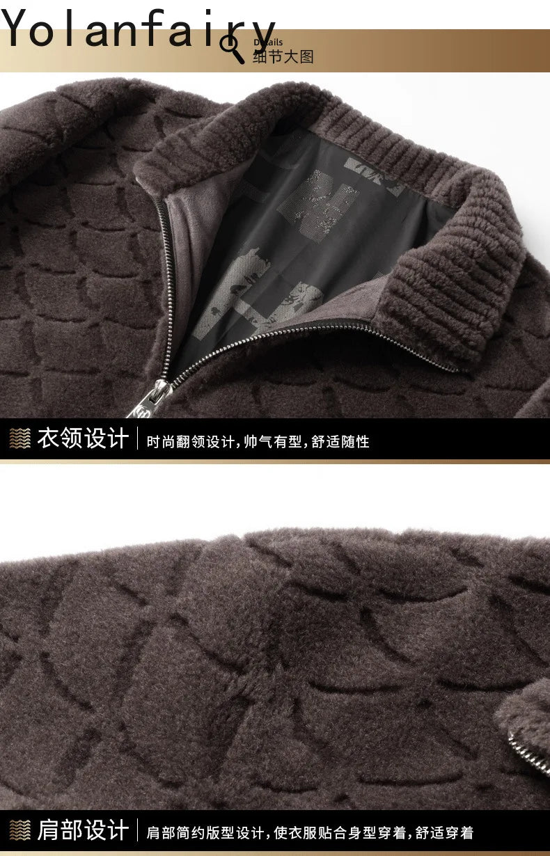 YOLANFAIRY Winter 100% Sheep Shearing Jacket Man Clothing Fashion Stand Collar Granular Lamb Fur Coat Men's Jackets chaqueta