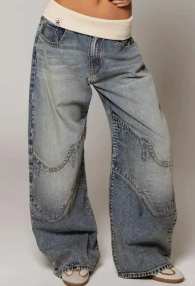 DEAT Fashion Fold Over Waist Flare Jeans Women's Low Waist Slim Light Blue Denim Pants Summer New