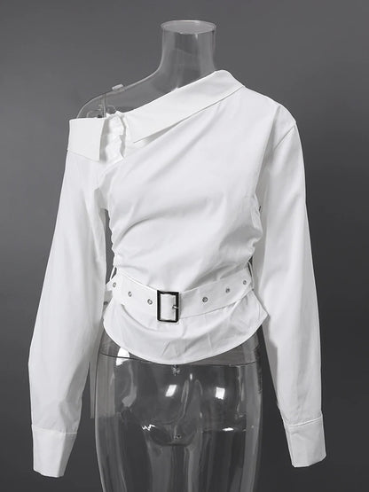 DEAT Fashion Belted Waist Shirt Women's One Shoulder Asymmetrical Collar Long Sleeve White Blouse Sumemr New