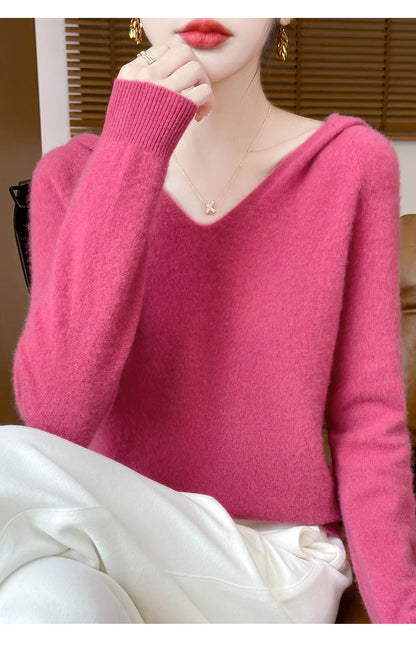 Women Autumn Winter Clothing Hooded Collar Pullover 100% Merino Wool Sweater New Fashion Cashmere Tops Bottoming Knitwear Soft