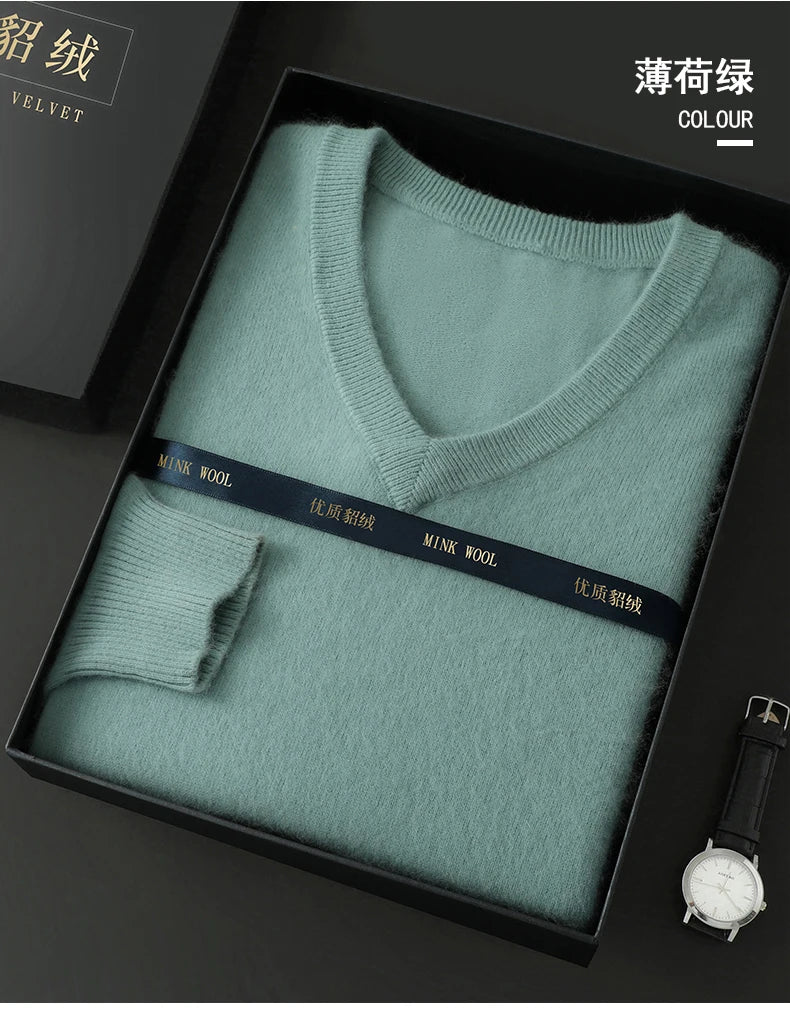 100% Pure Mink Cashmere Sweater Men's V-Neck Pullovers Knit Large Size Mink Sweater Winter New Long Sleeve High-End Jumpers Tops