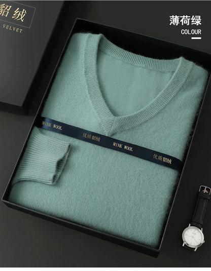 100% Pure Mink Cashmere Sweater Men's V-Neck Pullovers Knit Large Size Mink Sweater Winter New Long Sleeve High-End Jumpers Tops