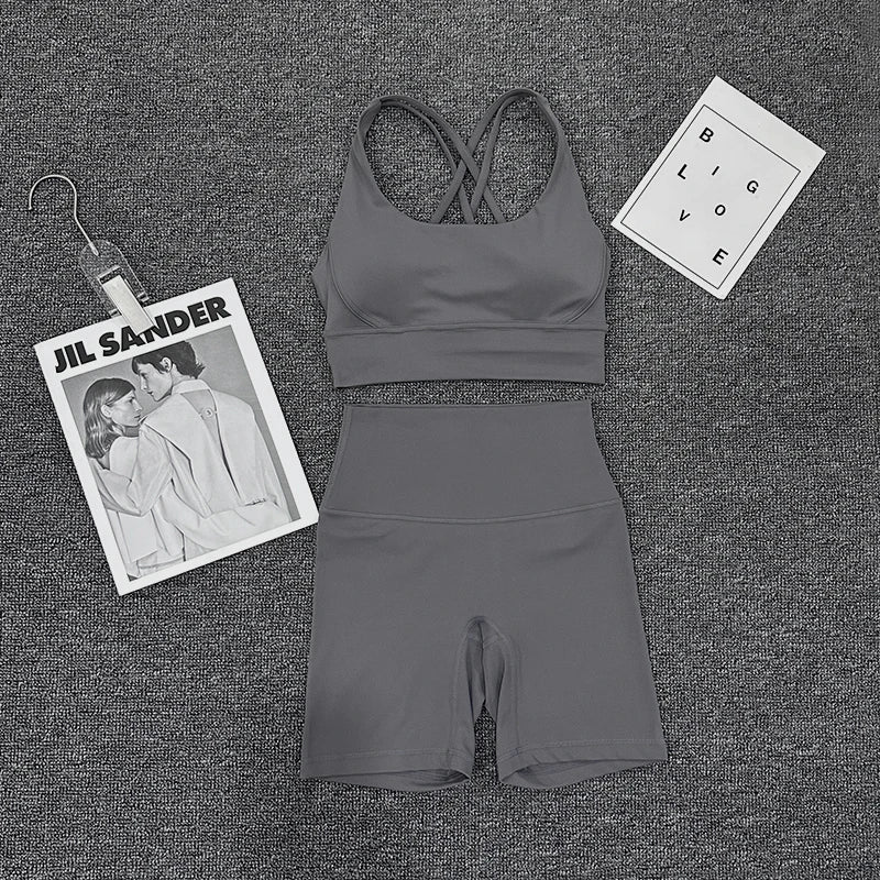 SOISOU Nylon Gym Yoga Set Women's Tracksuit Cycling Shorts Set Tight Elastic Short Chest Pad Removable Bra Womens Clothing