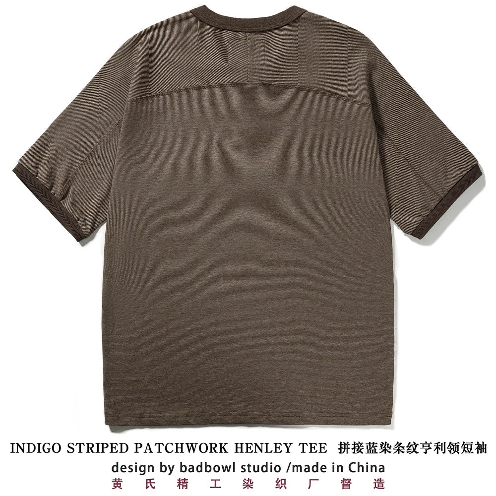 Men's American Retro T-shirt Heavyweight Loose Fit Short Sleeve Henry Collar Neutral Design Casual Loose Shirt