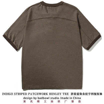 Men's American Retro T-shirt Heavyweight Loose Fit Short Sleeve Henry Collar Neutral Design Casual Loose Shirt