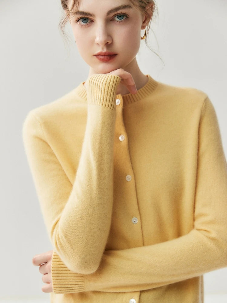 CHICUU Autumn Winter Women Thick O-neck Cardigan Basic Simple 100% Cashmere Sweater Solid Long Sleeve Cardigan Coat Knitwear