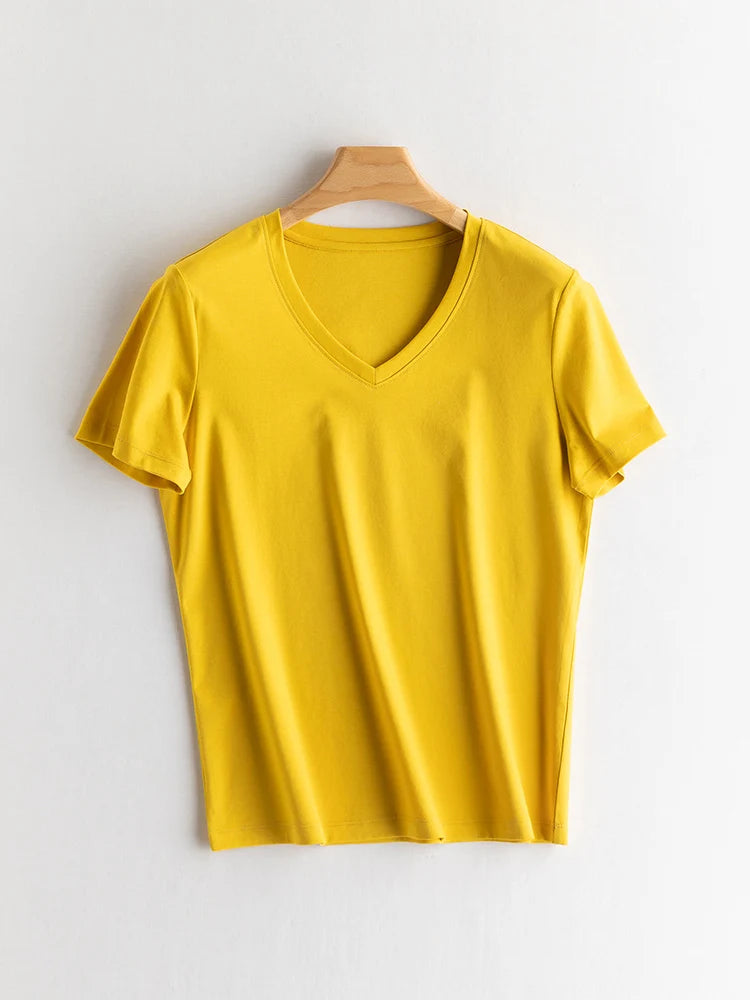SuyaDream Women Solid T shirts, Silk Cotton Blend, O Neck, Short Sleeved Solid Tee,2025 Summer Candy Colors Basic Cozy Top Green