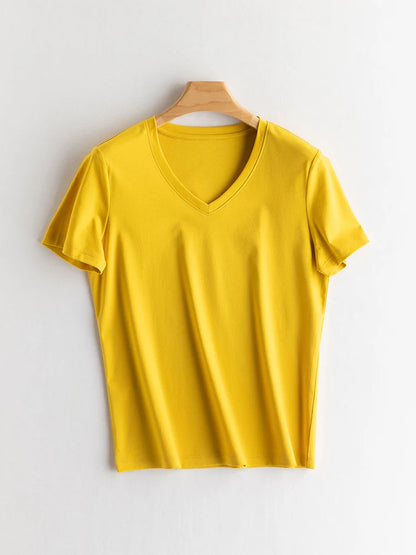 SuyaDream Women Solid T shirts, Silk Cotton Blend, O Neck, Short Sleeved Solid Tee,2025 Summer Candy Colors Basic Cozy Top Green