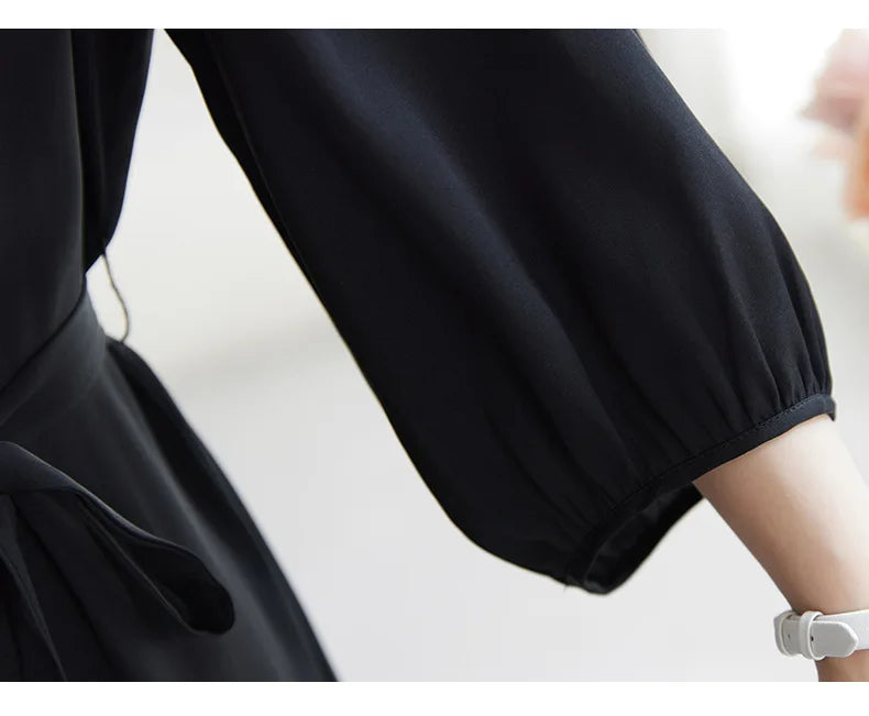 SuyaDream, Women Elegant Dresses, Real Silk, O Neck, 3/4 Sleeved, Black Mid Dress, 2026 Spring Summer Cloth