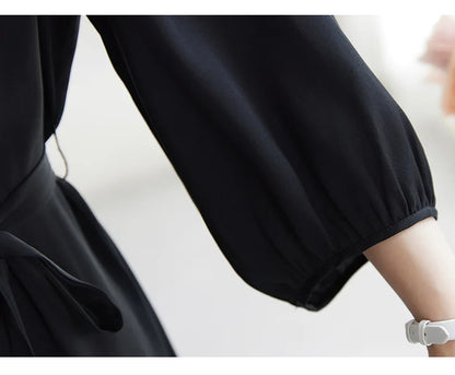 SuyaDream, Women Elegant Dresses, Real Silk, O Neck, 3/4 Sleeved, Black Mid Dress, 2026 Spring Summer Cloth
