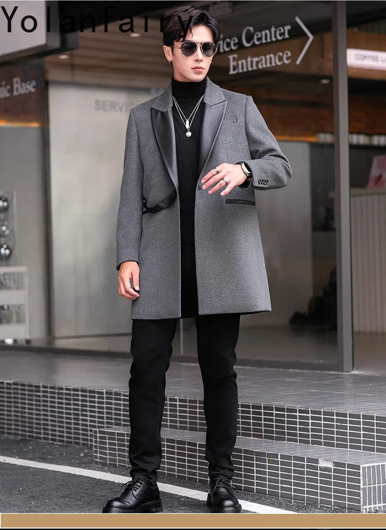 YOLANFAIRY 2025 Autumn Genuine Sheepskin Patchwork Wool Coat Man Clothing Men's Mid-length Suit Windbreaker Trendy Woolen Jacket