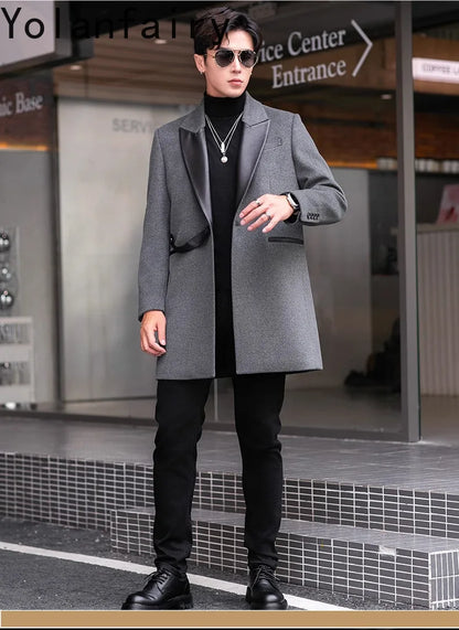 YOLANFAIRY 2025 Autumn Genuine Sheepskin Patchwork Wool Coat Man Clothing Men's Mid-length Suit Windbreaker Trendy Woolen Jacket