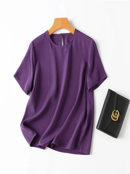 SuyaDream Women T Shirt 22mm Real Silk O Neck Short Sleeves Summer Tee 2025 New Chic Tops Pink Purple