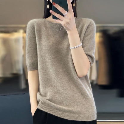 100% Merino wool women's O neck knitted T-shirt Korean pullover short sleeve sweater women's basic solid color half sleeve women