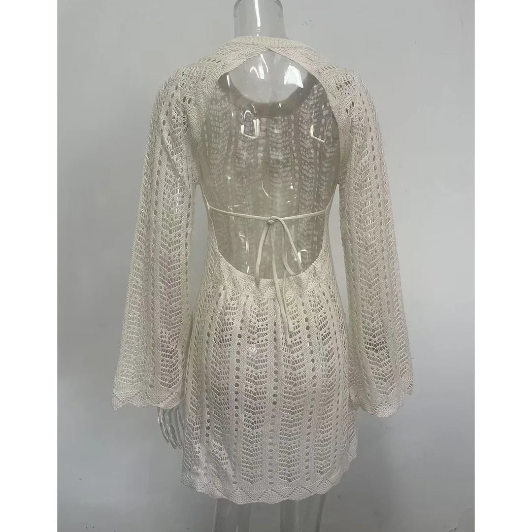 4 Colors Long Sleeve Backless Crochet Knitted Tunic Beach Cover Up Cover-ups Beach Dress Beach Wear Beachwear Female Women V5692