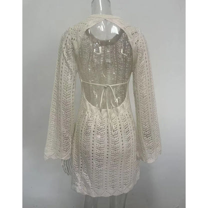4 Colors Long Sleeve Backless Crochet Knitted Tunic Beach Cover Up Cover-ups Beach Dress Beach Wear Beachwear Female Women V5692