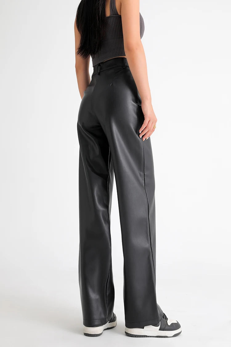 BIVIGAOS Fall Winter Fleece Loose Wide Leg Warm Leather Pants Women Button Pocket High Waist Thick PU Casual Straight Pants