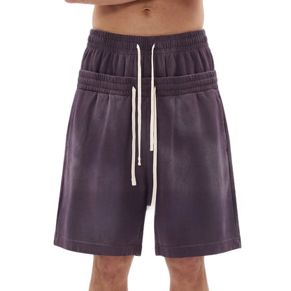 Custom LOGO men's 320G heavy 100% washed and old double waist high waist medium pants loose casual sports five-point shorts