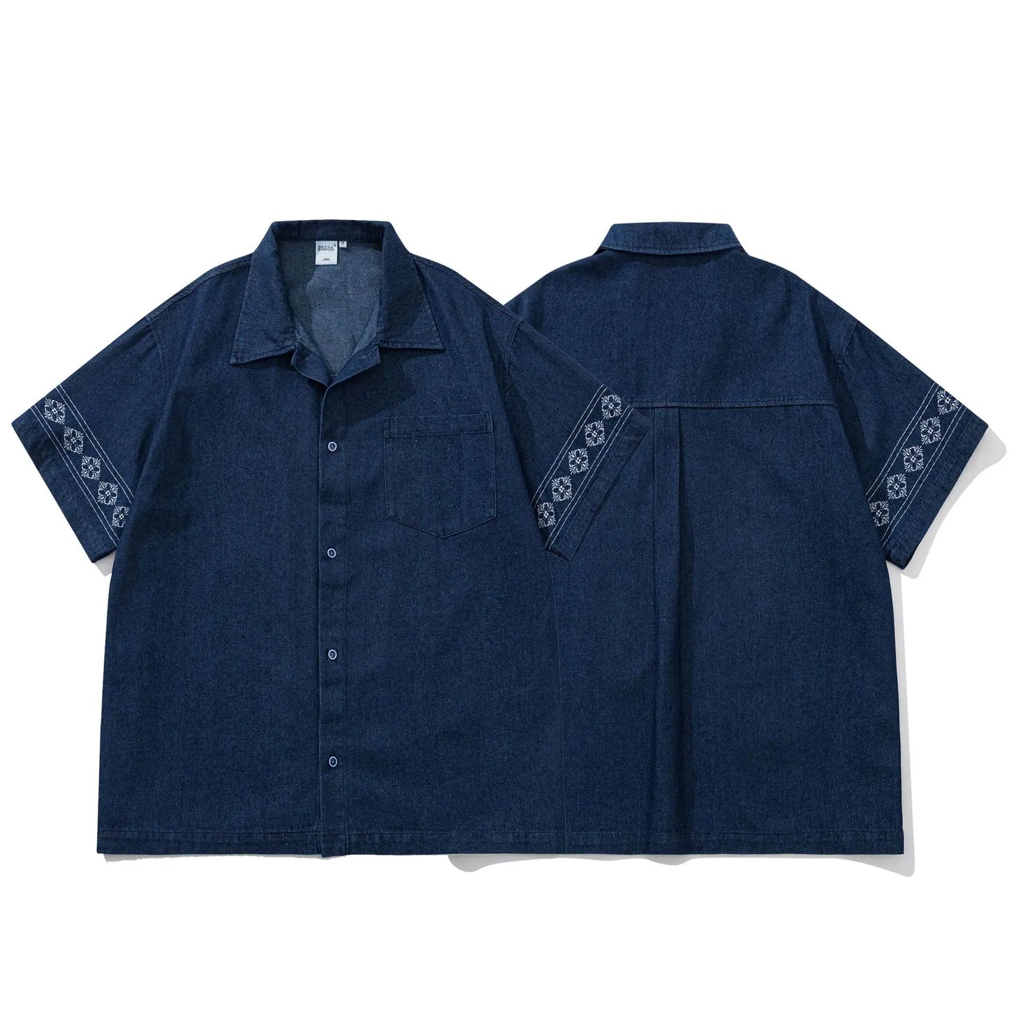 Summer Japanese Retro Ethnic Style Embroidered Denim Men's and Women's Short Sleeved Shirts, Loose Five Quarter Sleeved Workwear