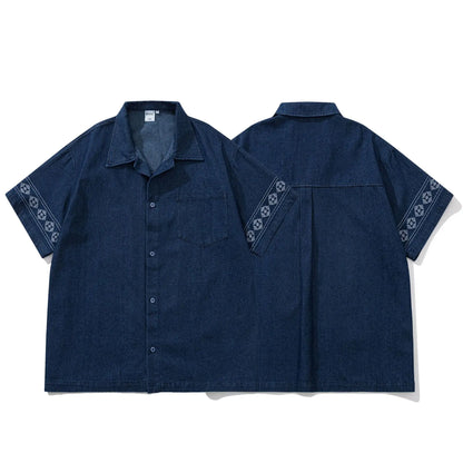 Summer Japanese Retro Ethnic Style Embroidered Denim Men's and Women's Short Sleeved Shirts, Loose Five Quarter Sleeved Workwear