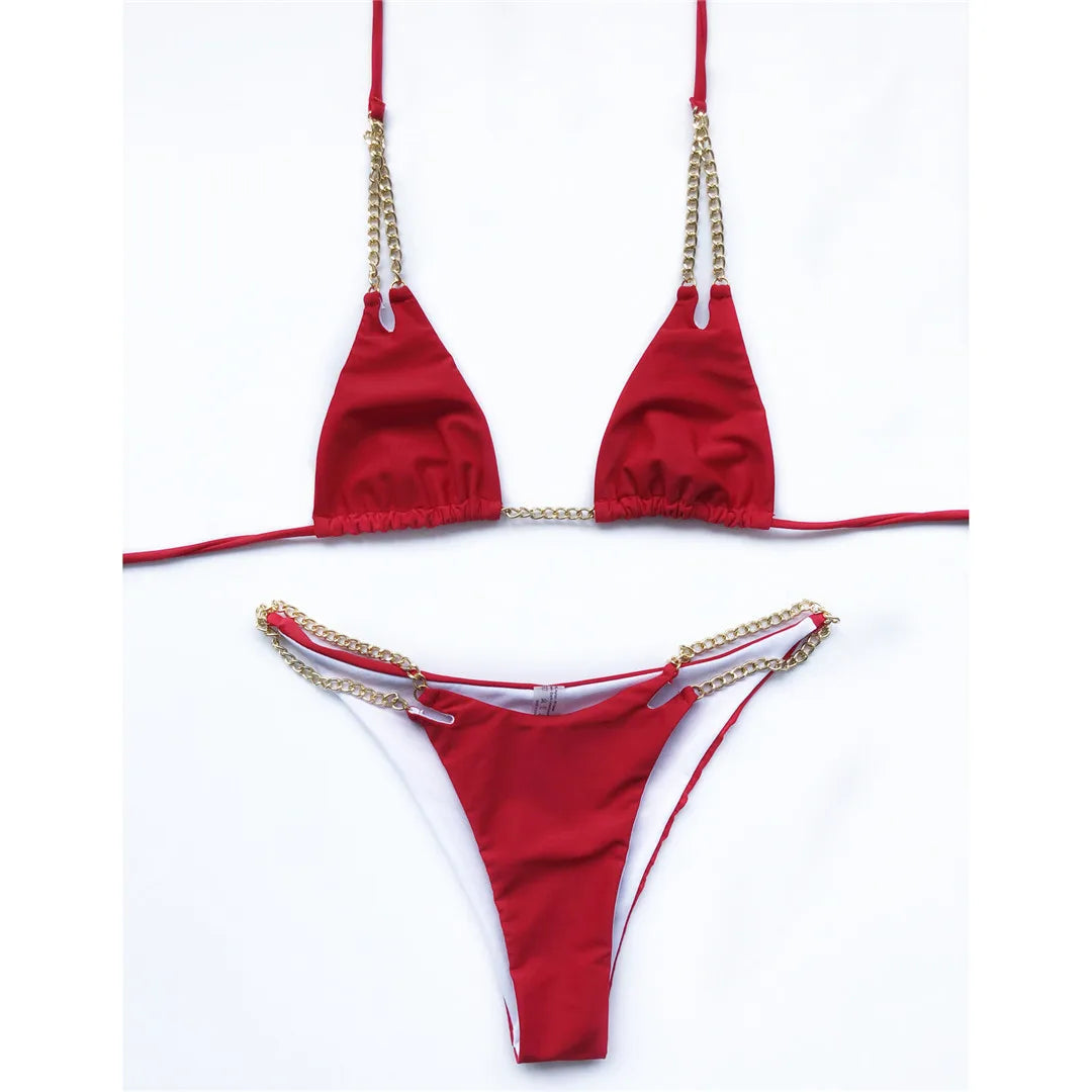 7 Colors Sexy Halter Bikini Female Swimsuit Women Swimwear Two-pieces Bikini set Metal Chain Bather Bathing Suit Swim Lady V2362