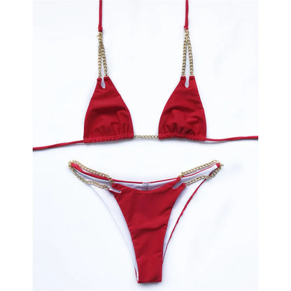 7 Colors Sexy Halter Bikini Female Swimsuit Women Swimwear Two-pieces Bikini set Metal Chain Bather Bathing Suit Swim Lady V2362