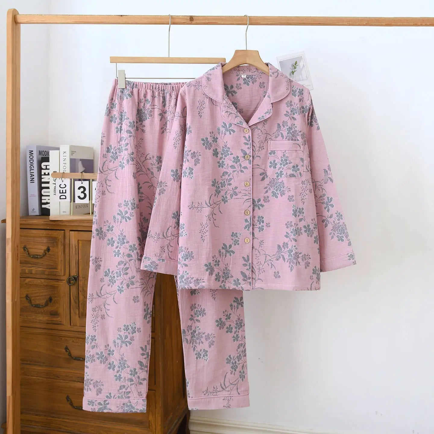 2026 new spring and summer women's pajamas suit long-sleeved trousers two-piece 100% cotton crepe flower leaves home clothes