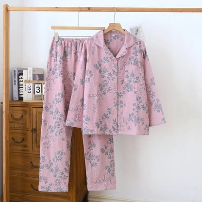 2026 new spring and summer women's pajamas suit long-sleeved trousers two-piece 100% cotton crepe flower leaves home clothes