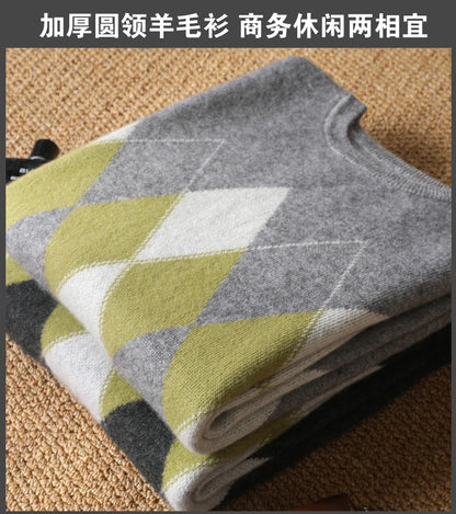 Autumn Winter New Men's Cashmere Sweater Thickened Round Neck Pullover With Contrast Color Loose Casual Knitted100% Wool Sweater