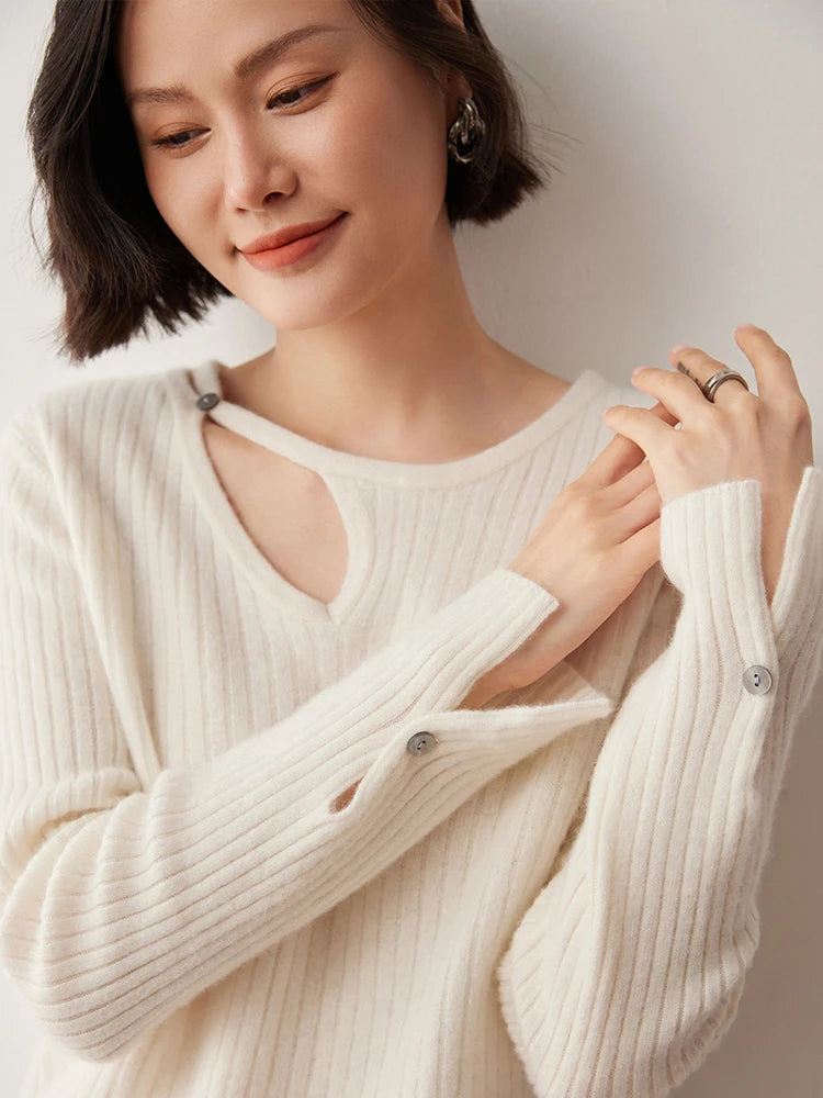 CHICUU Women's 100% Cashmere Knit Pullover Sweater Cut Out Collar Long Sleeve Pullover Autumn Winter Basic Cashmere Knitwear Top