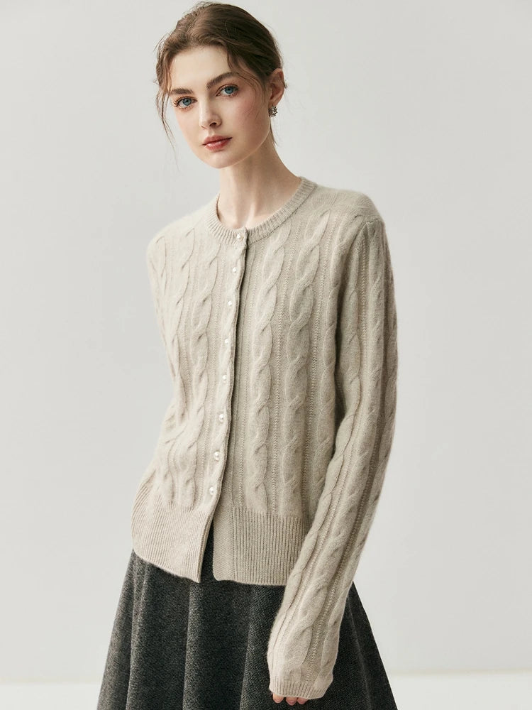 CHICUU Women's O-neck Cashmere Cardigan 100% Cashmere Sweater Cable Knit Preppy Style Cardigan Coat Autumn Winter Clothes Tops