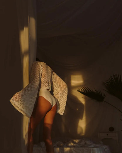 Sexy Knit Set White Cut Out Swimsuit Cover Up 2026 Women's Summer Bell Sleeve Lace-up Loose Top Beach Half Skirt Two-piece K136